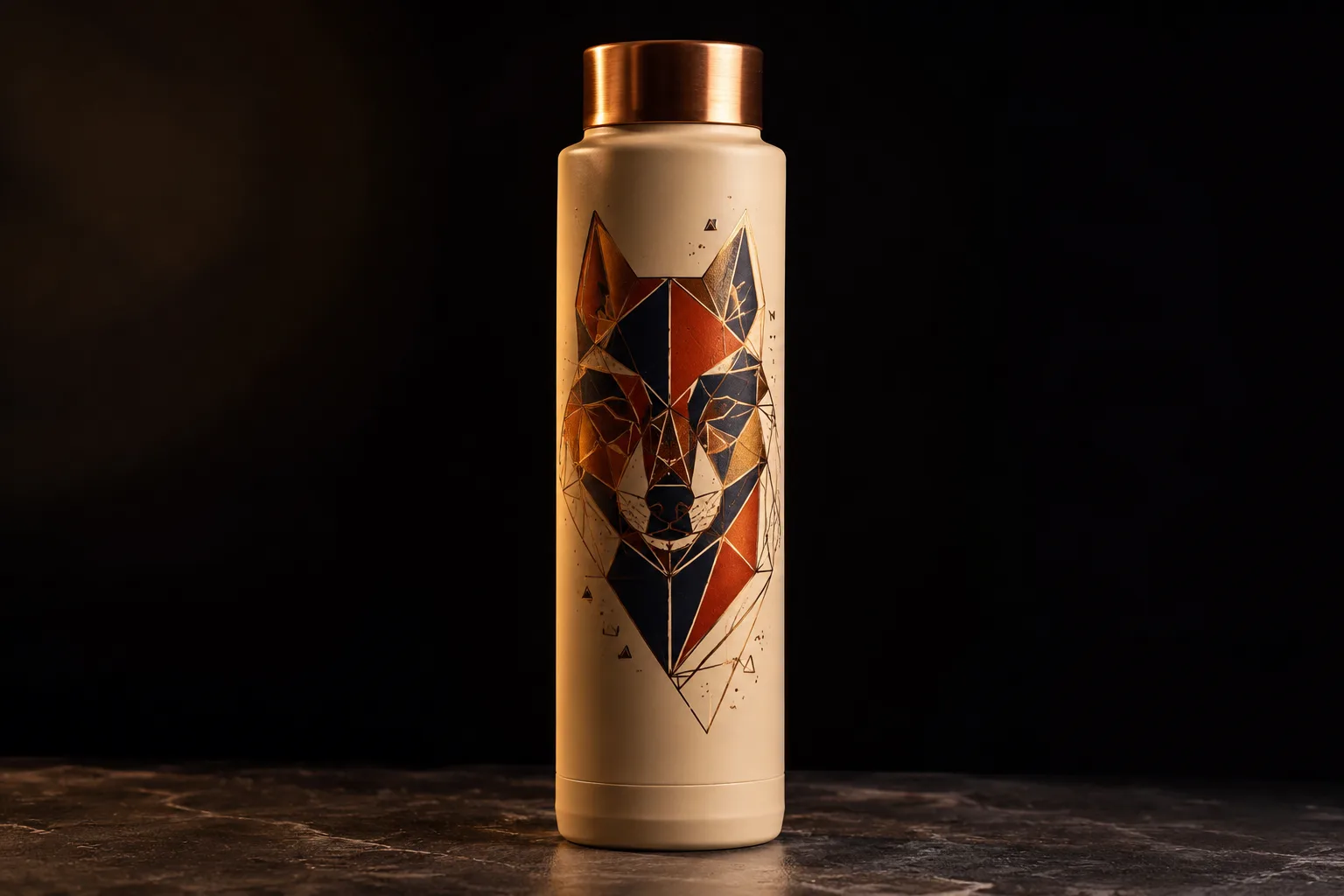 Concepto de botella marfil con ilustración geométrica y detalles metalizados