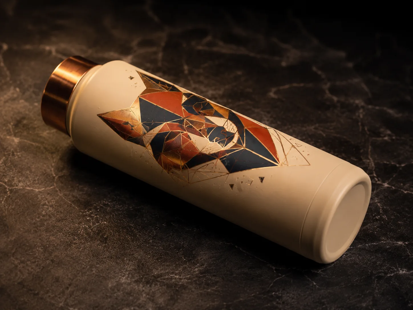 Concepto de botella Lobo tumbada sobre piedra, con ilustración y detalles metalizados